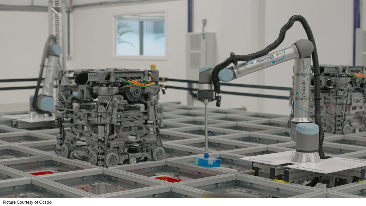 Ocado’s new robots working alongside piece picking robots integrated into the hive